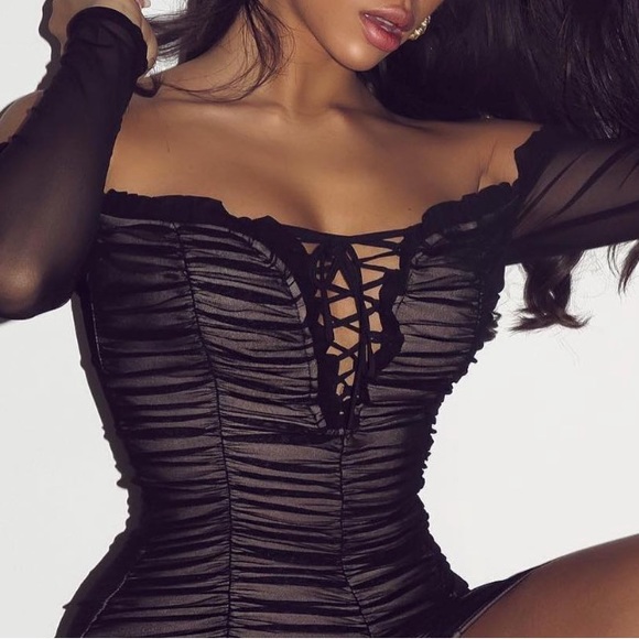 New•Black Sheer Ruched Ruffle Mesh•Mini Dress - Picture 2 of 7